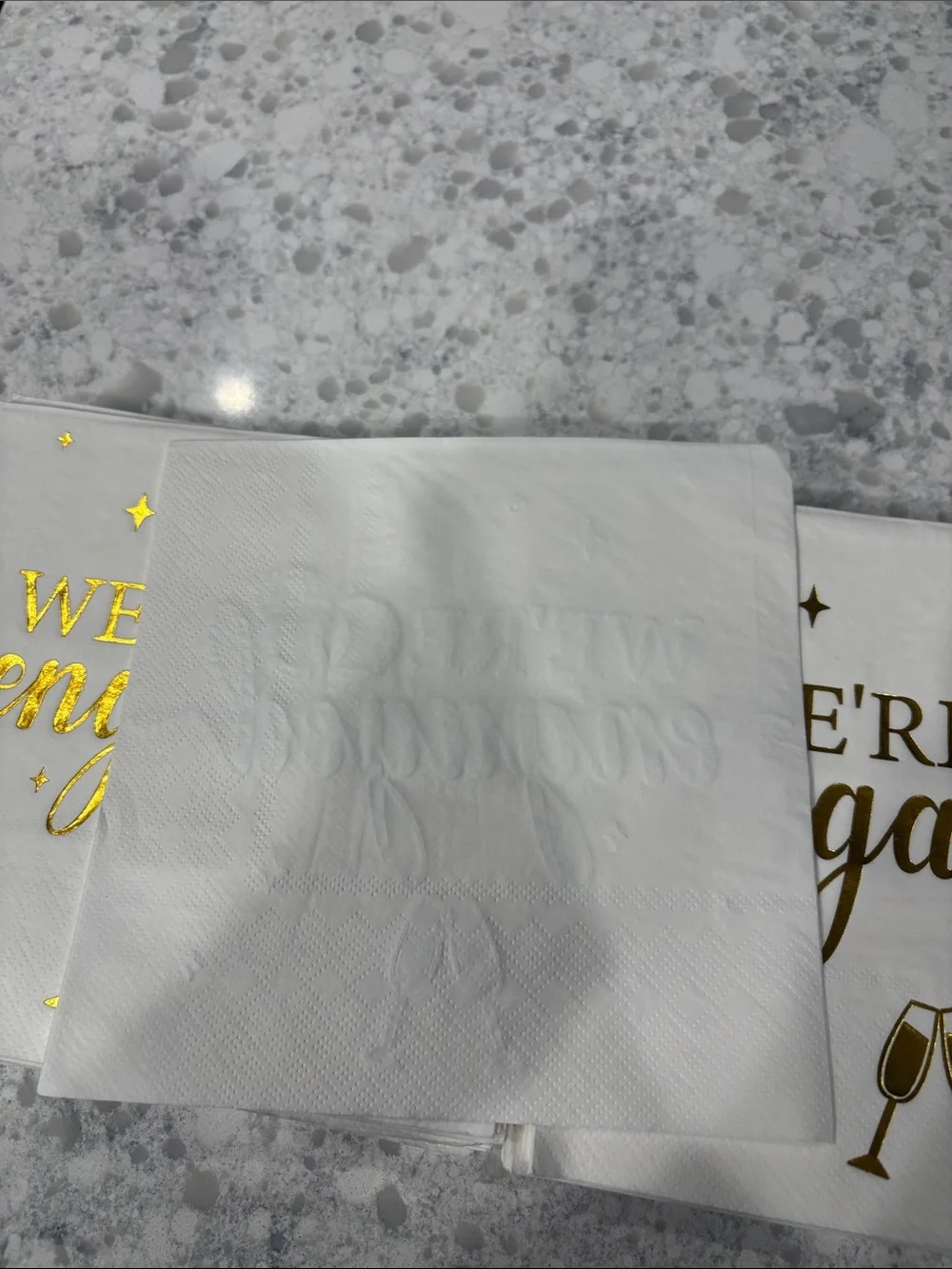 New set of 75 “We’re Engaged” gold foil print 6.5” x 6.5” white napkins 3-ply